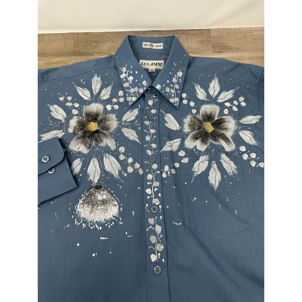 LUCASINI Single Needle Tailoring Hand Painted LS Blue‎ Button Down Shirt Size 16